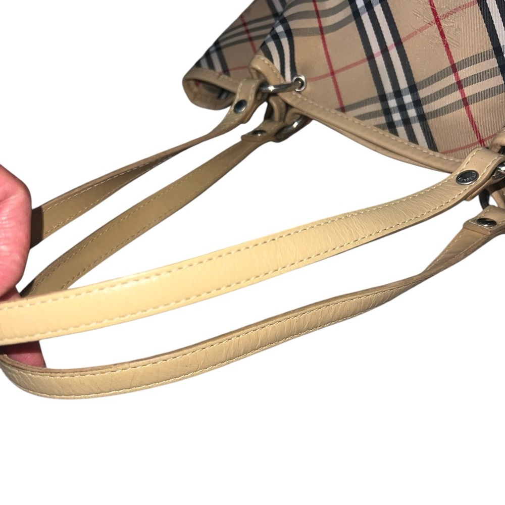 Burberry Nova Check Canvas Leather Tote Tan Black Red Traditional Plaid Pleated - Picture 8 of 16